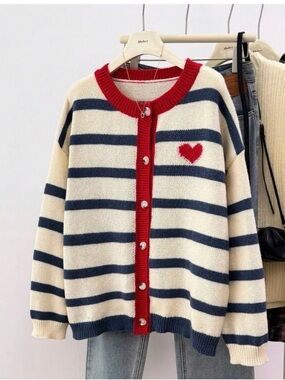 Striped Cream and Navy Cardigan with Red Heart Trim